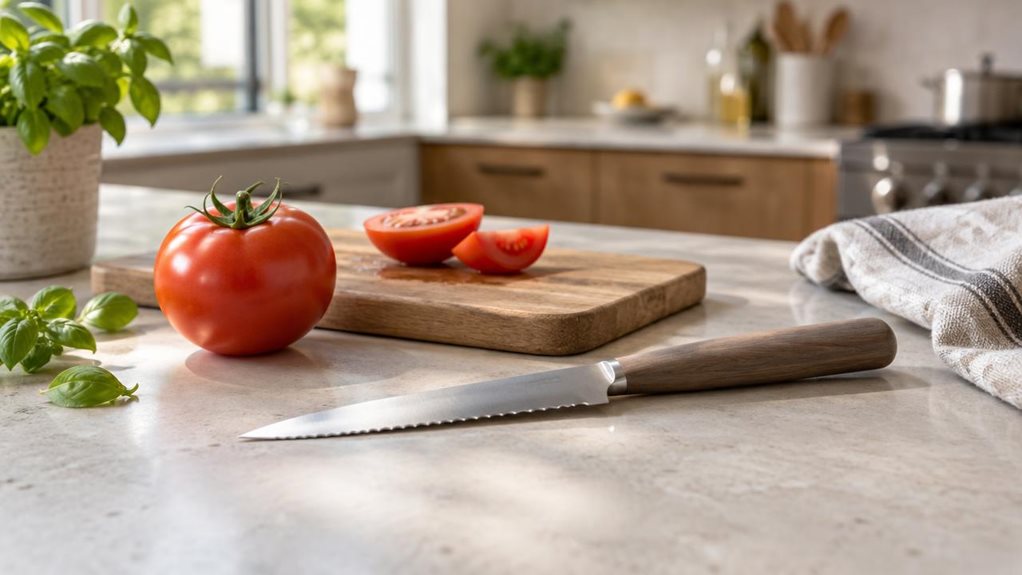 A photograph of a single tomato knife resting on a pale stone countertop in a bright, modern home kitchen, composed horizontally in a 16:9 landscape frame. The knife is the clear hero: its slim serrated blade and understated handle shown in crisp detail, placed beside a ripe tomato and a small wooden cutting board as if it had been set down after preparing lunch. A folded linen towel and a few loose herb leaves add quiet, natural texture without cluttering the scene. Soft day