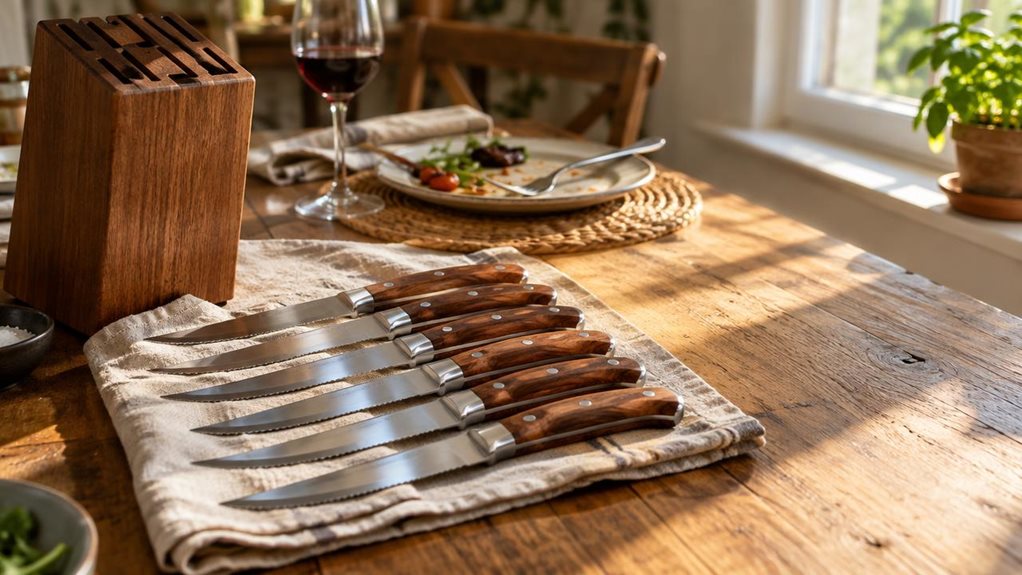 A photograph of a rustic wooden dining table bathed in warm afternoon sunlight streaming through a nearby window. Centered in the frame is a set of six steak knives with polished wooden handles and gleaming serrated stainless steel blades, arranged neatly on a linen napkin beside a wooden knife block. The table surface shows subtle texture and natural grain, with soft shadows cast from the knives suggesting recent use or casual display. In the background, softly blurred, sits