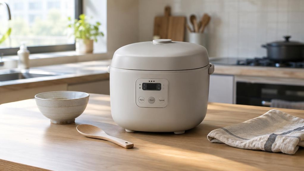 A photograph of a compact, unbranded rice cooker captured in a wide 16:9 landscape frame, resting naturally on a clean light-oak kitchen counter in a modern apartment. The cooker is centered as the hero product, with its matte finish, simple control panel, and subtle steam vent rendered in realistic detail, suggesting a small family-sized appliance without looking staged. Around it sit a ceramic bowl, a wooden rice paddle, and a folded linen towel, arranged casually as if lef