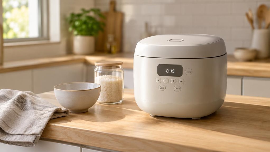 A photograph of a sleek digital rice cooker placed naturally on a light oak kitchen counter in a modern, softly styled home kitchen, framed in a horizontal 16:9 landscape composition. The cooker is the clear hero of the scene, shown in-situ beside a folded linen towel, a ceramic bowl, and a small glass jar of rice, with no hands or action implied. Its matte finish, subtle control panel, and compact rounded shape reflect a contemporary design aesthetic. Warm daylight filters i