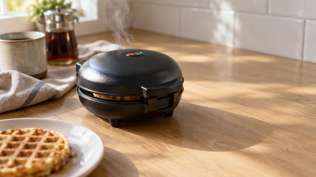 A photograph of a compact mini waffle iron resting on a light oak kitchen countertop, its round, matte black shell catching soft morning light streaming in from a nearby window. The camera angle is slightly elevated, capturing the appliance at a natural three-quarter view, with the hinge and indicator light visible on the front edge. A faint wisp of steam rises from the slightly open lid, hinting at recent use, while a small plate with a golden, fresh waffle sits just beside 