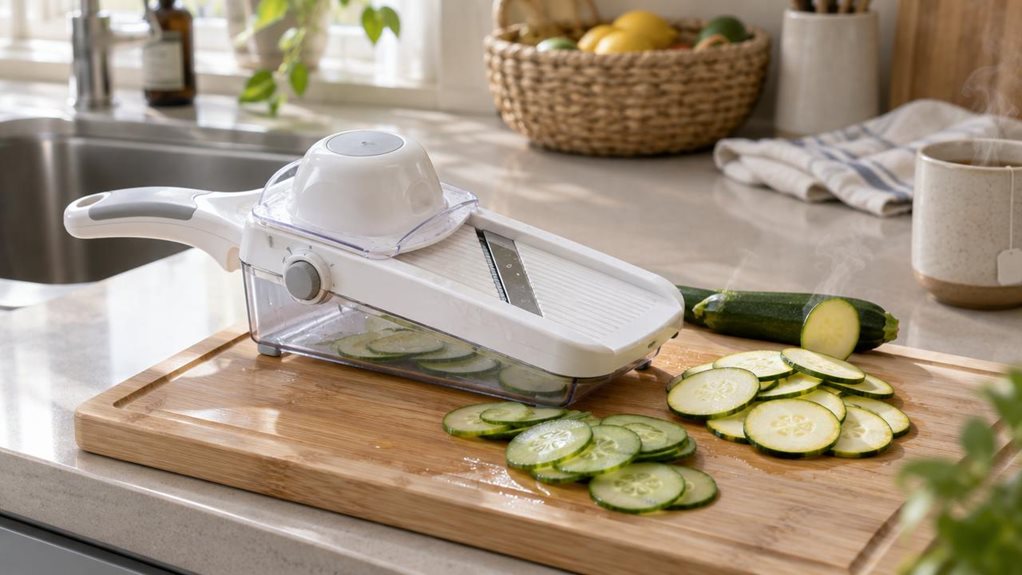 A photograph of a bright, modern kitchen countertop captured in a horizontal 16:9 frame, bathed in soft natural light streaming through a nearby window. At the center sits a white and translucent plastic mandoline slicer with an adjustable blade mechanism, resting atop a bamboo cutting board. Thin, even slices of cucumber and zucchini are scattered beside it, catching the light with a slight glisten of moisture. The slicer's ergonomic handle and safety guard are visible, show