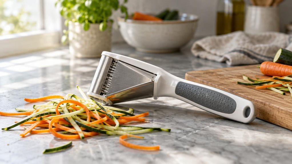 A photograph of a sunlit kitchen countertop, captured in a horizontal 16:9 frame, where a stainless steel and white plastic julienne cutter rests casually beside a wooden cutting board. The cutter, with its angled blade housing and textured non-slip handle, sits at a natural diagonal, as though just set down after use. Thin ribbons of carrot and zucchini are scattered nearby, slightly curled, catching the light. Morning sunlight streams in from a window to the left, casting s