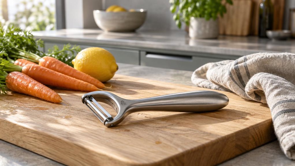 A photograph of a sleek, unbranded stainless-steel vegetable peeler resting casually on a light oak cutting board in a modern kitchen, captured in a horizontal 16:9 landscape composition. The peeler is heroed in the foreground, slightly off-center, with its curved ergonomic handle and sharp peeling blade clearly visible. Nearby sit a few freshly washed carrots, a lemon, and a linen dish towel, arranged naturally as if left after preparing a meal. Soft morning sunlight streams
