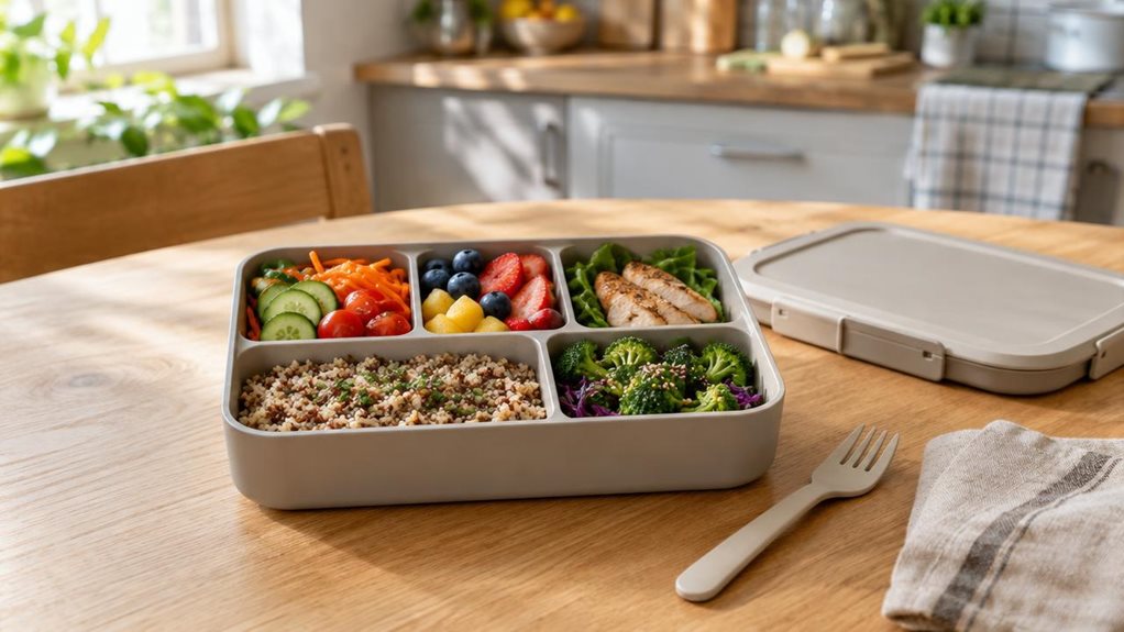 A photograph of a single five-compartment adult bento box resting open on a light oak kitchen table, ready for a weekday lunch. The matte, neutral-toned container is neatly filled with a balanced meal: sliced vegetables, fresh fruit, grains, and a small portion of protein, each arranged in its own compartment. Its fitted lid sits beside it, with a reusable fork and a folded linen napkin nearby. A softly blurred, sunlit kitchen in the background gives the scene a relaxed, live