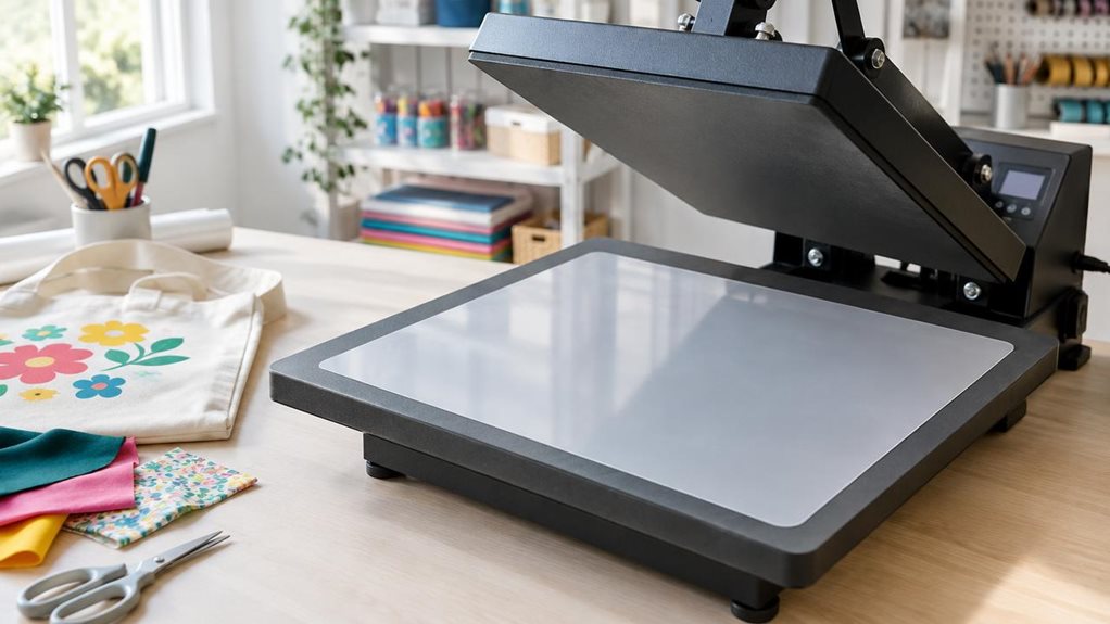 A photograph of a single translucent PTFE Teflon sheet resting neatly on the lower platen of a compact heat press in a bright, uncluttered craft studio. The sheet is the clear hero, its smooth, lightly reflective surface and softly rounded corners catching the window light; a few colorful fabric scraps and a finished vinyl-decorated tote sit nearby, suggesting recent crafting without showing anyone mid-action. The heat press and tools are arranged naturally on a pale worktabl