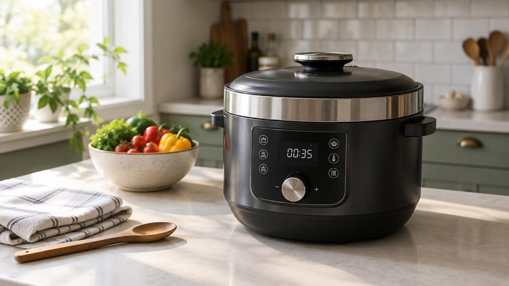 A photograph of a single smart multicooker resting on a clean kitchen counter in a horizontally composed 16:9 landscape scene. The appliance is the clear hero, with a sleek dark body, brushed-metal accents, a subtle control display, and a closed lid, shown naturally in its everyday setting. Nearby, a folded tea towel, a wooden spoon, and a small bowl of fresh vegetables suggest a lived-in kitchen without making the scene feel staged. Soft daylight falls across the counter fro