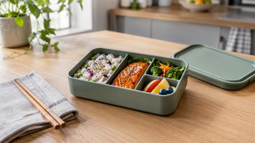 A photograph of a single premium bento lunch box resting on a light oak table in a calm, modern kitchen, composed as a horizontal 16:9 landscape scene. The open, matte sage-green box is the clear hero, its neatly divided compartments holding colorful rice, glazed salmon, crisp vegetables, and a few slices of fruit. A fitted lid sits casually beside it, with a folded linen napkin and simple wooden chopsticks nearby. The arrangement feels naturally observed, as though someone p