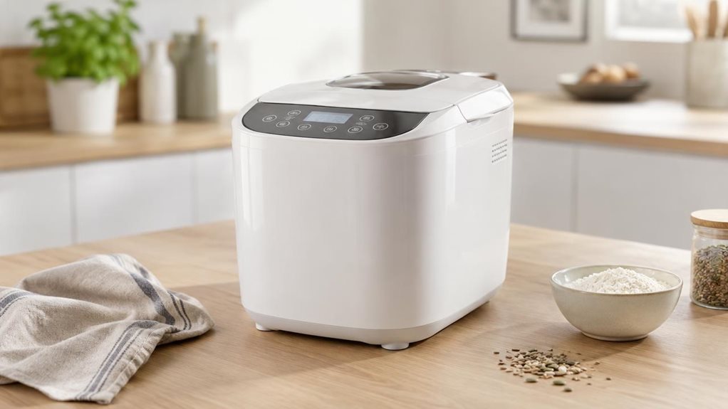 A photograph of a sleek, modern bread maker centered on a light oak kitchen countertop in a bright, minimalist home, shown in a horizontal 16:9 landscape composition. The appliance is the clear hero of the scene, resting naturally beside a linen tea towel, a small bowl of flour, and a few scattered seeds, as if captured during an ordinary morning in a calm, stylish kitchen. Soft daylight streams in from an unseen window, creating gentle highlights on the smooth white casing a