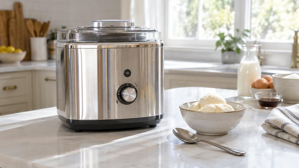 A photograph of a single stainless-steel ice cream maker resting on a bright, uncluttered kitchen counter in a horizontally composed 16:9 landscape scene. Its compact, polished body and simple controls are clearly visible, with a small bowl of freshly scooped vanilla ice cream and a spoon nearby. The appliance feels naturally at home in a lived-in modern kitchen, with pale cabinetry, a sunlit window, and a few understated ingredients softly blurred in the background. Gentle n