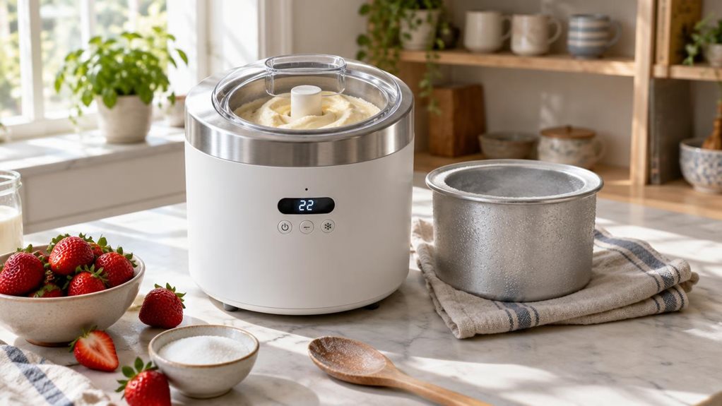 A photograph of a white countertop ice cream maker sitting on a sunlit kitchen island, its brushed metal lid gleaming under soft morning light streaming through a nearby window. The compact cylindrical unit has a simple digital display and a clear viewing lid, through which freshly churned vanilla ice cream is visible, swirling with a soft, creamy texture. Condensation beads lightly on the machine's chilled bowl insert, resting beside it on a folded linen towel. Scattered aro