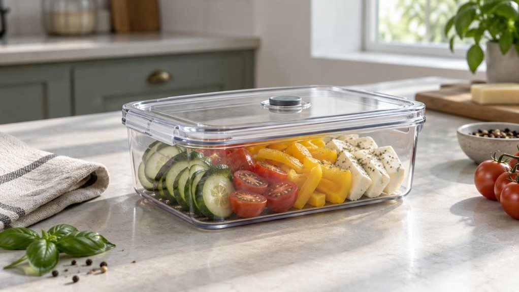 A photograph of a single clear, rectangular vacuum-storage container resting on a pale stone kitchen counter, its transparent lid fitted with a small, understated valve and smooth locking edges. Inside, neatly arranged slices of fresh vegetables and cheese show the container’s practical everyday use. The container is the clear hero, photographed at a natural three-quarter angle in a calm, modern home kitchen, with a folded linen towel and a few ingredients nearby. Soft daylig