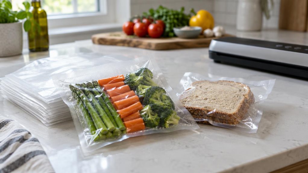 A photograph of a single stack of clear vacuum sealer bags arranged casually on a clean kitchen counter, with one bag holding neatly portioned vegetables and another containing a few slices of bread. The bags are the unmistakable hero of the scene, their transparent, lightly textured plastic and sealed edges shown in crisp detail. A compact, unbranded vacuum sealer sits nearby, subtly suggesting how the bags are used without drawing focus. The setting feels like a real, lived