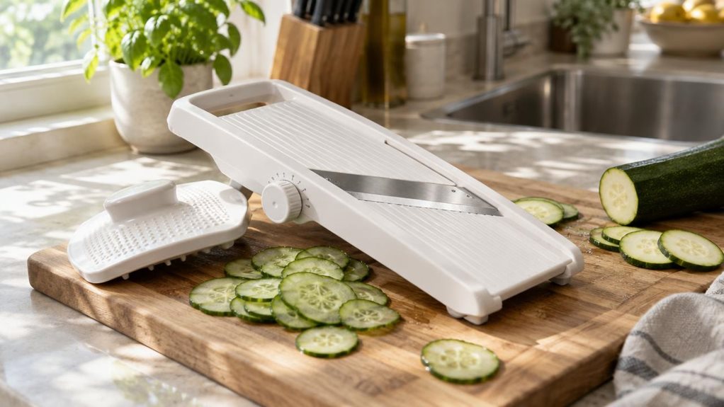 A photograph of a white adjustable mandolin slicer resting diagonally across a wooden cutting board on a sunlit kitchen countertop, captured in a horizontal 16:9 composition. The slicer's stainless steel blade catches a soft glint of natural window light, while its textured plastic food holder sits just beside it, slightly askew as if recently used. Thin, translucent slices of cucumber and a half-sliced zucchini are scattered artfully around the board, suggesting a pause mid-
