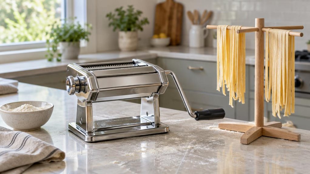A photograph of a Veohome-style manual pasta machine with a drying rack, arranged naturally on a light stone kitchen island in a bright, modern home kitchen. The polished stainless-steel roller and hand crank are the clear focal point, with a single wooden pasta-drying stand beside it holding a few delicate strands of fresh pasta. A lightly floured work surface, a small bowl of flour, and a folded linen towel add lived-in detail without clutter. The scene feels candid and obs