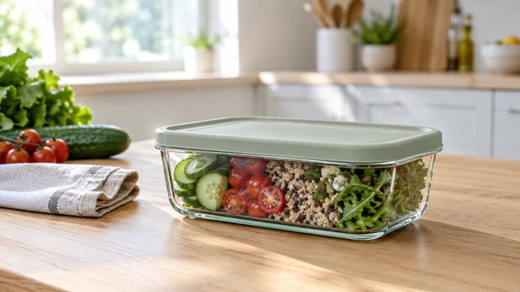 A photograph of a single clear 22-ounce glass lunch container with a muted sage-green lid, resting on a light oak kitchen counter beside a folded linen napkin and a few fresh vegetables. The rectangular container is filled with a neatly arranged lunch of sliced cucumbers, cherry tomatoes, grains, and greens, visible through its transparent sides. Its sturdy glass walls, softly rounded corners, and snug lid are sharply rendered, making the container the natural focal point wit