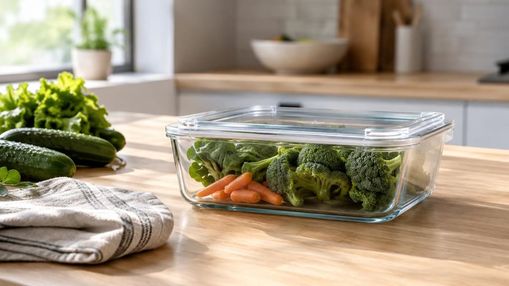 A photograph of a single glass crisper container with a fitted transparent lid, staged as lifestyle product photography in a bright, modern kitchen, captured in a horizontally composed 16:9 landscape frame. The container sits casually on a light oak countertop beside a folded linen towel and a few freshly washed green vegetables, suggesting everyday meal prep rather than a staged advertisement. Soft morning sunlight streams in from a nearby window, creating gentle highlights