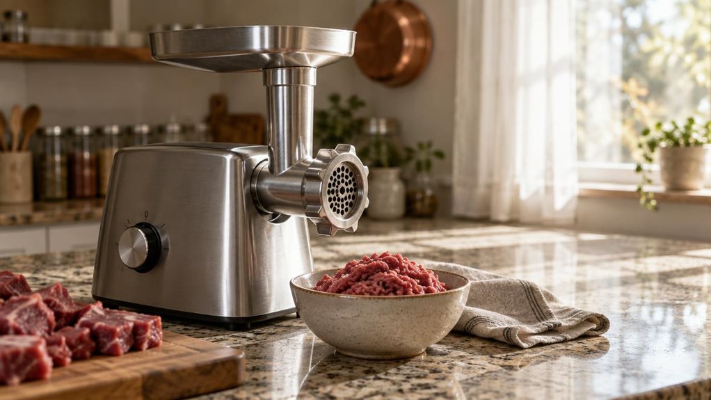 A photograph of a stainless steel electric meat grinder resting on a granite kitchen countertop near a sunlit window. The grinder's brushed metal body catches soft morning light, highlighting the textured hopper and attached grinding plate. Beside it sits a small ceramic bowl filled with freshly ground meat, slightly glistening, alongside a folded linen kitchen towel. A wooden cutting board with trimmed cuts of beef rests partially in frame, slightly out of focus, suggesting 