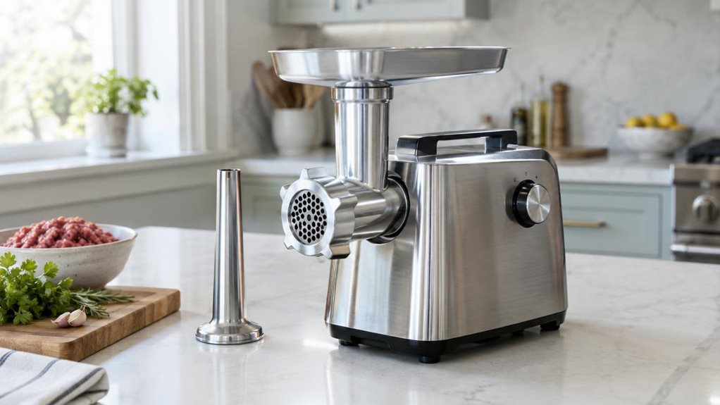 A photograph of a single polished stainless-steel meat grinder resting on a clean kitchen island in a bright, modern home kitchen, composed horizontally in a 16:9 landscape frame. The grinder is the clear hero, shown at a natural three-quarter angle with its feed tray, metal grinding head, and sturdy control dial visible; a simple sausage-stuffing attachment sits neatly beside it to suggest its two-in-one versatility. A wooden cutting board with a few fresh herbs and a small 
