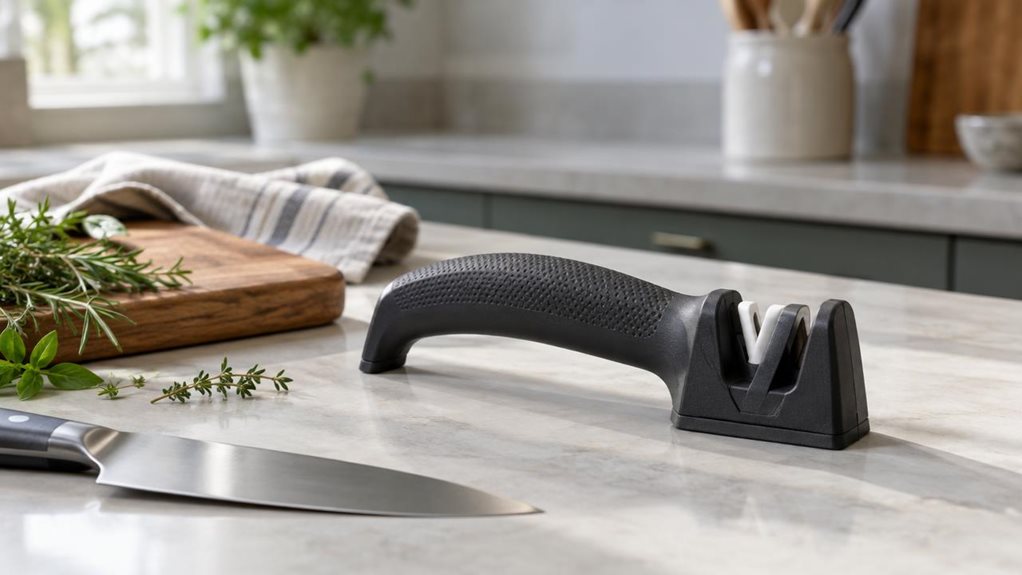 A photograph of a Victorinox-style dual knife sharpener resting on a clean kitchen counter, composed as a horizontal 16:9 landscape scene. The single compact tool is the clear hero, placed casually beside a wooden cutting board and a folded linen towel, with its textured dark handle and contrasting sharpening elements rendered in crisp, realistic detail. A chef’s knife and a few fresh herbs sit nearby as subtle context, undisturbed; no hands or active sharpening are visible. 