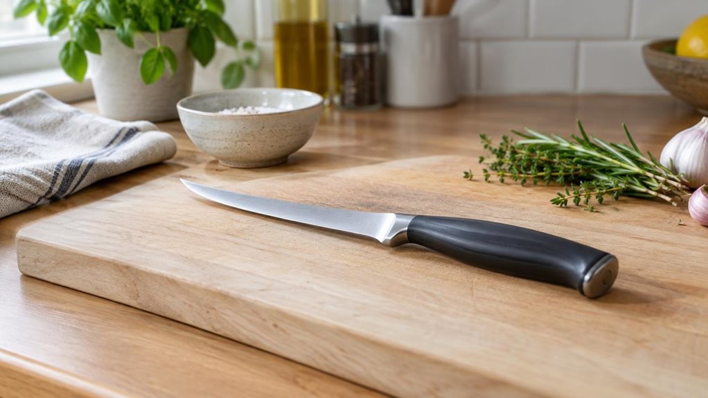 A photograph of a single boning knife resting naturally on a pale wooden cutting board in a clean, modern home kitchen. Its slim, gently curved 15 cm stainless-steel blade and dark, ergonomic handle are clearly visible, with the knife placed at a slight diagonal as the hero of the scene. A folded linen towel, a small ceramic bowl, and a few fresh herbs sit nearby, suggesting everyday meal preparation without showing anyone in action. The composition is horizontal, 16:9 landsc