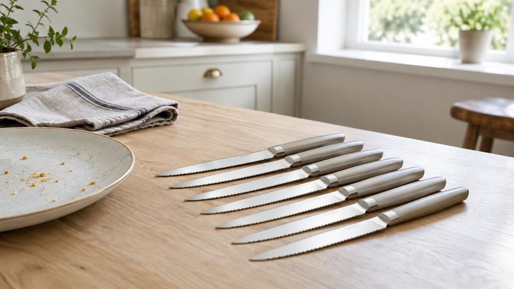 A photograph of a single six-piece set of serrated breakfast knives arranged neatly on a pale wooden kitchen counter, captured in a horizontally composed 16:9 landscape scene. The knives rest beside a simple ceramic plate with a few crumbs and a folded linen napkin, suggesting a relaxed morning without showing anyone mid-action. Their slender stainless-steel blades catch the soft window light, while the understated handles sit in a tidy row. A softly blurred background reveal