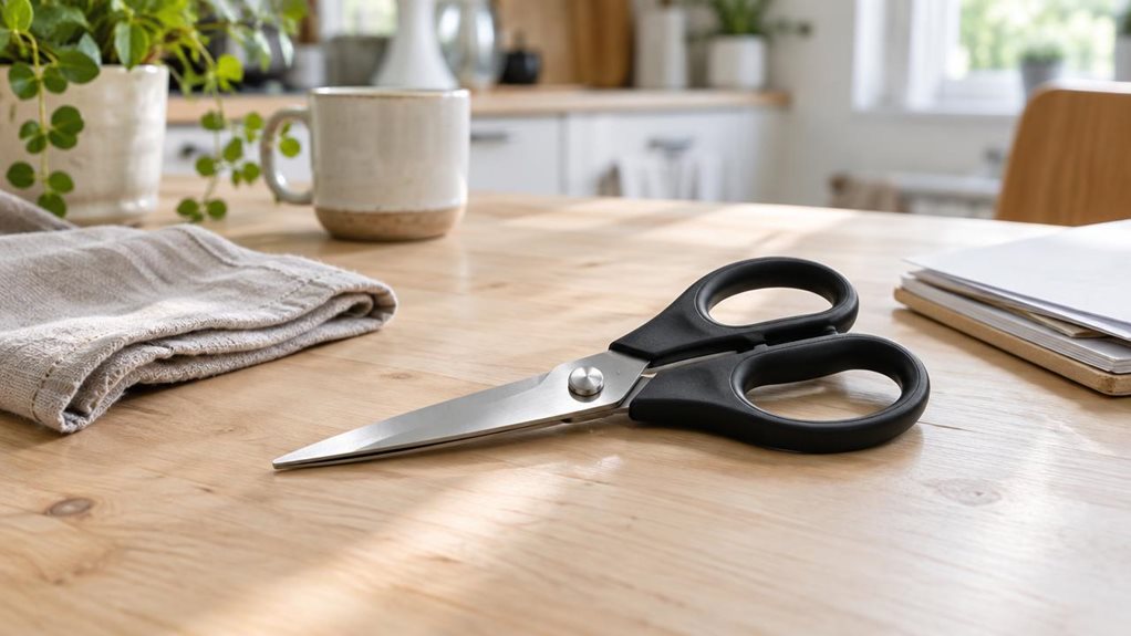 A photograph of a single pair of household scissors resting naturally on a pale wooden kitchen table, beside a folded linen napkin and a small stack of paper—an understated, everyday setting suited to a home review. The scissors are the clear hero, angled gently across the tabletop with their metal blades catching a soft highlight and dark ergonomic handles in crisp focus. A bright, uncluttered kitchen recedes into a subtle background blur, with hints of a ceramic cup and gre