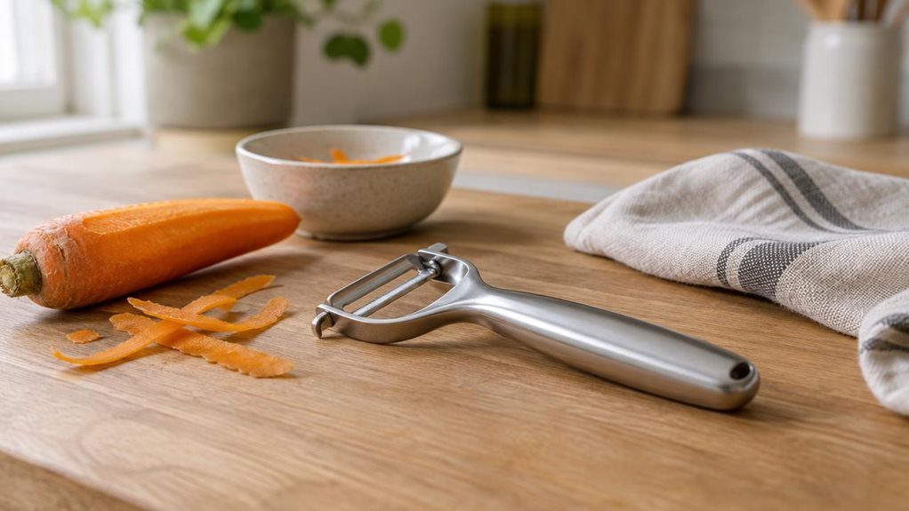 A photograph of a sleek stainless-steel vegetable peeler resting naturally on a warm oak kitchen counter beside a half-peeled carrot, a small paring bowl, and a linen tea towel, captured in a horizontally composed 16:9 landscape frame. The peeler is the clear hero of the scene, placed in-situ as if casually set down after use, with its polished metal body and compact ergonomic handle catching soft daylight from a nearby window. The setting feels like a refined modern home kit