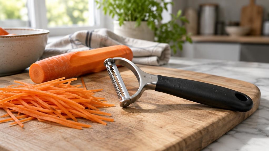 A photograph of a kitchen countertop scene, shot in a 16:9 landscape orientation. A stainless steel julienne peeler rests diagonally across a wooden cutting board, its serrated blade catching soft, natural light streaming in from a nearby window. The peeler's ergonomic black handle shows subtle signs of use, with a slight sheen suggesting recent washing. Beside it, a partially peeled carrot lies with thin, uniform julienne strips fanned out, demonstrating the tool's purpose w