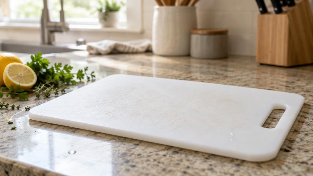 A photograph of a white polypropylene cutting board resting on a granite kitchen countertop, positioned slightly off-center in a horizontally composed 16:9 frame. The board shows subtle surface texture and faint knife-groove marks, suggesting genuine use, with its rounded corners and molded handle cutout catching soft morning light streaming in from a nearby window. A few fresh herb sprigs and a sliced lemon rest casually to one side, hinting at recent food prep without appea