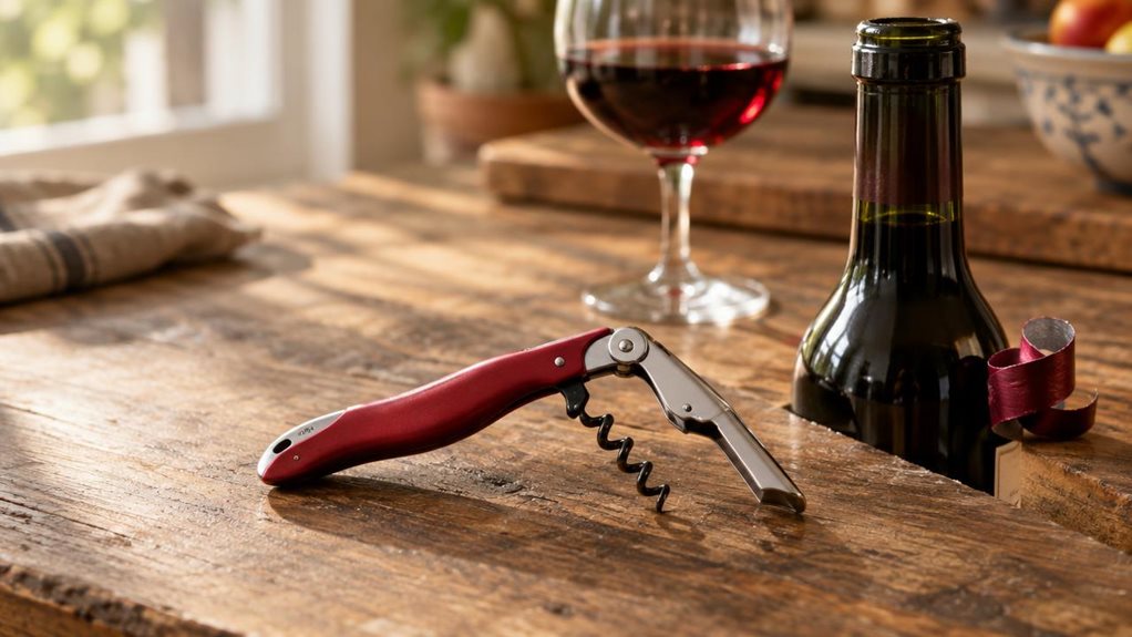 A photograph of a sleek corkscrew with an integrated capsule cutter resting diagonally across a weathered wooden kitchen counter, its brushed red handle catching soft afternoon light streaming through a nearby window. The tool lies beside an uncorked wine bottle with the foil capsule freshly trimmed and set aside in a small curl, hinting at recent use. A half-filled wine glass sits softly out of focus in the background, its burgundy contents glowing warmly in the natural ligh