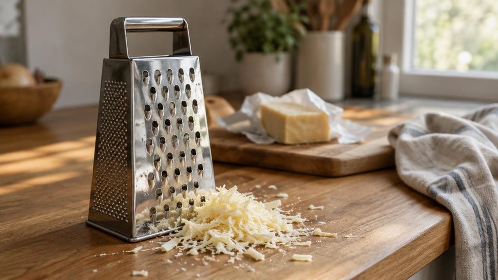 A photograph of a stainless steel box grater resting at a slight angle on a wooden kitchen countertop, its coarse blade side facing the camera, catching soft daylight that highlights the sharp, textured metal edges. A small pile of freshly grated cheese sits beside its base, with a few loose shreds scattered naturally across the wood grain. In the background, softly blurred, sits a cutting board, a block of cheese partially unwrapped, and a linen kitchen towel draped over the