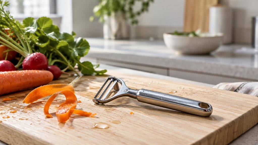 A photograph of a single stainless-steel vegetable peeler resting casually on a light oak kitchen cutting board, captured in a horizontally composed 16:9 landscape frame. The peeler sits naturally beside a peeled carrot ribbon, a few droplets of water, and a small pile of freshly washed produce, suggesting a quiet home-cooking moment rather than an action shot. Soft natural daylight falls in from the side, highlighting the polished metal blade and clean, ergonomic handle with
