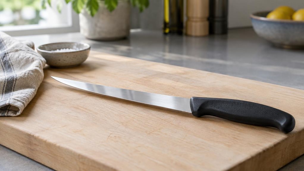 A photograph of a Victorinox Swiss Classic filleting knife resting diagonally on a pale wooden cutting board in a quiet, modern home kitchen. The knife is the sole hero product: its long, slender stainless-steel blade catches a soft glint of daylight, while the textured dark handle sits naturally near the board’s edge. A folded linen towel and a small ceramic dish sit nearby, understated and slightly out of focus, suggesting a relaxed kitchen setting without distracting from
