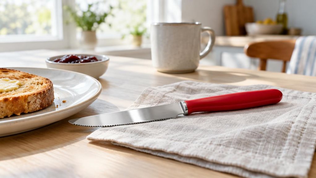 A photograph of a single breakfast knife resting beside a plate on a bright, modern kitchen table, composed as a horizontal 16:9 landscape. The knife is the clear hero, its gently serrated stainless-steel blade and smooth, vivid red handle sharply detailed against a pale linen napkin. Nearby, a slice of toast with a little butter and a small dish of jam suggest an unhurried breakfast, arranged naturally rather than as a formal product display. Soft morning light falls across 