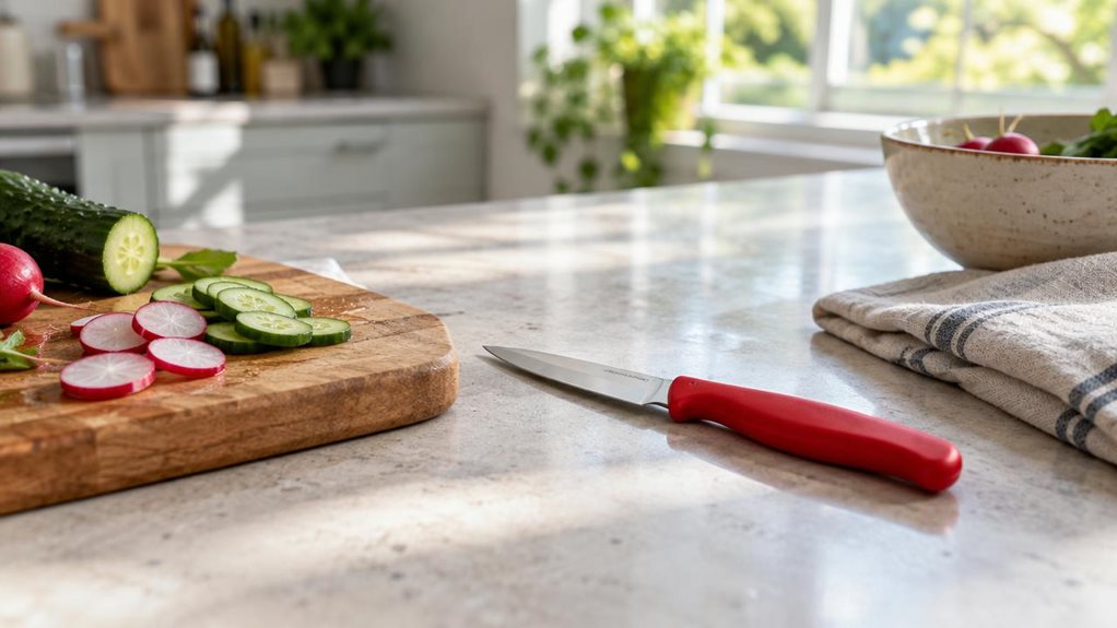 A photograph of a single Swiss-style vegetable and paring knife resting naturally on a pale stone kitchen counter, its slim stainless-steel blade beside a small cutting board scattered with a few freshly sliced radishes and cucumber rounds. The bright red, ergonomic handle is clearly visible, with no lettering or logo. A folded linen towel and a ceramic bowl sit nearby, suggesting an everyday home kitchen without feeling staged. The knife is the crisp focal point, captured at