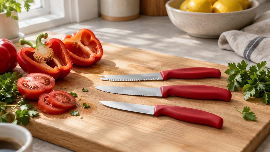 A photograph of a Swiss Classic vegetable knife set resting on a light oak cutting board in a sunlit kitchen. The composition is horizontal, 16:9, with the knives—a small paring knife, a serrated utility knife, and a tomato knife—arranged casually beside a scatter of fresh vegetables: halved bell peppers, a sliced tomato, and a few sprigs of parsley. The knives feature sleek, ergonomic handles in classic red, with stainless steel blades catching soft, natural window light tha