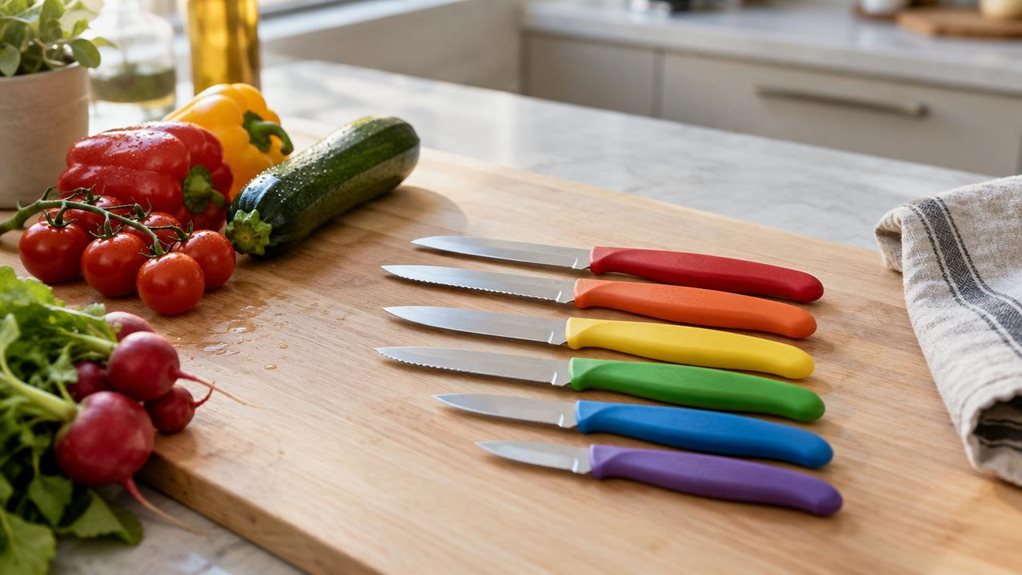 A photograph of a Victorinox Swiss Classic vegetable knife set arranged neatly on a pale wooden cutting board in a bright, modern kitchen. The horizontally composed 16:9 landscape scene shows the colorful-handled knives resting beside a few freshly washed vegetables and a folded linen towel, with the set clearly the hero of the composition. The setup feels naturally lived-in and observational, as if casually captured with a high-end camera rather than staged for a catalog; no