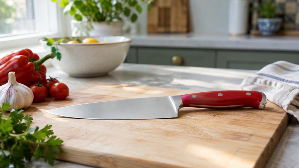 A photograph of a single colorful kitchen knife resting naturally on a pale wooden cutting board in a bright, modern home kitchen, composed horizontally in a 16:9 landscape frame. The knife is the clear hero, its clean stainless-steel blade and vivid red handle rendered in crisp detail, with the understated appearance of a well-made everyday kitchen tool. Nearby, a few casually arranged vegetables and a folded linen towel suggest a lived-in cooking space without making the sc