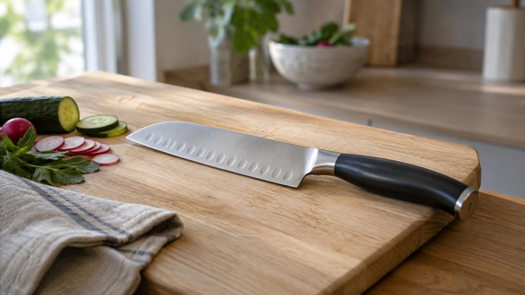 A photograph of a single 17 cm Santoku knife resting naturally on a pale oak cutting board in a calm, modern home kitchen. The knife is the clear hero, placed diagonally across the board with its broad stainless-steel blade and dark, gently curved handle fully visible; subtle granton indentations catch the light. Nearby are a folded linen towel and a few casually arranged vegetable slices, suggesting everyday kitchen use without showing anyone or interrupting the stillness. T
