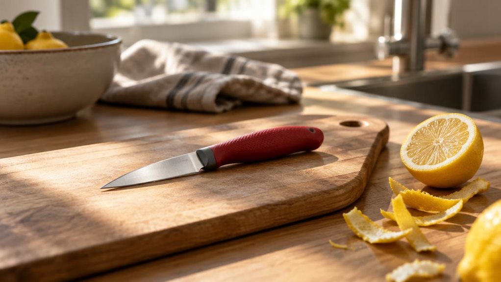 A photograph of a wooden kitchen countertop bathed in soft morning light streaming through a nearby window. A single small paring knife with a sleek, red textured handle and a short, pointed stainless steel blade rests diagonally atop a wooden cutting board, its edge catching a subtle glint of sunlight. Beside the board, a scattering of citrus peels and a halved lemon suggest recent use, though the knife itself sits clean and still, as if just set down. In the background, sof
