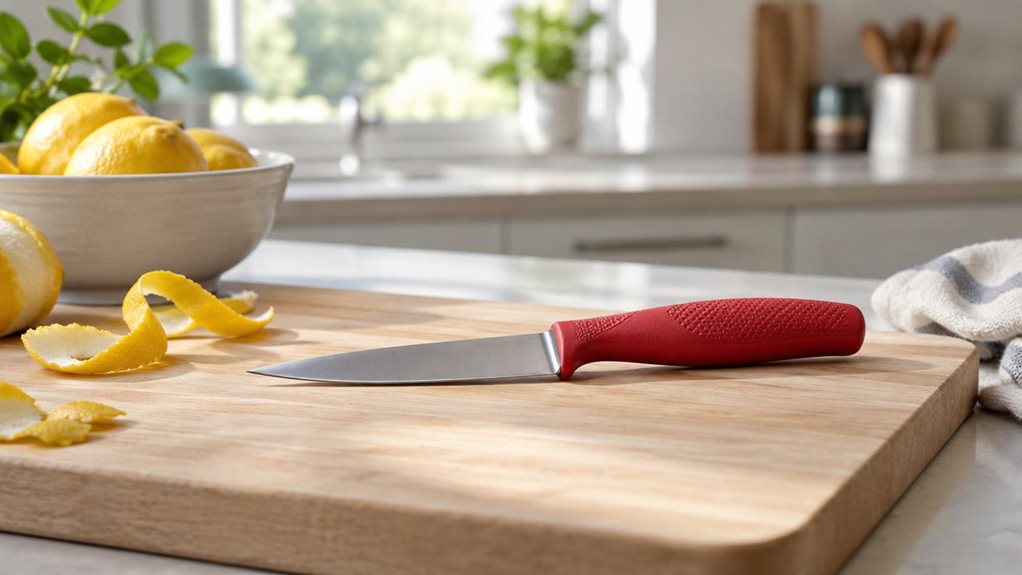 A photograph of a single paring knife resting on a pale wooden cutting board in a bright, modern home kitchen. The knife is the clear hero, its slim stainless-steel blade and textured red handle rendered with lifelike detail, while a few casually arranged citrus peels and a small bowl of lemons suggest its everyday purpose without showing anyone using it. The scene is composed horizontally in a 16:9 landscape frame, with the board and knife in crisp focus and the softly blurr