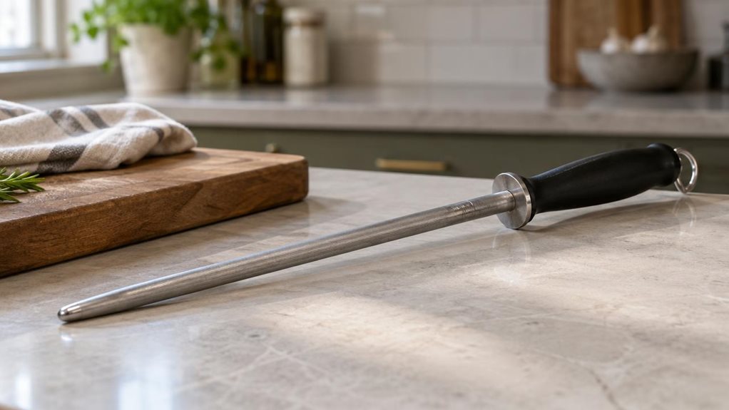 A photograph of a single sharpening steel resting diagonally on a pale stone countertop in a calm, modern home kitchen, composed as a 16:9 landscape scene. Its long, finely textured steel rod and smooth dark handle are clearly visible, with realistic metal reflections and subtle signs of everyday use. Nearby, a wooden cutting board and a folded linen towel add quiet kitchen context without competing for attention. The arrangement feels casually observed rather than staged or 