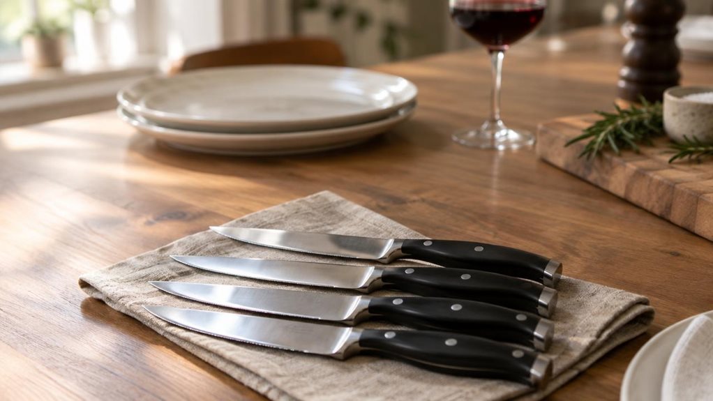 A photograph of a set of four steak knives arranged casually on a wooden dining table, their polished stainless steel blades and sleek black handles catching soft, natural window light from the left. The knives rest atop a neatly folded linen napkin, slightly fanned out as if just unwrapped from their packaging. In the background, softly blurred, sit white ceramic dinner plates, a glass of red wine, and a wooden cutting board, suggesting an intimate dinner setting in a modern