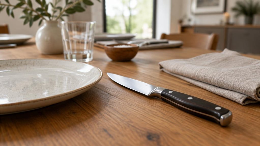 A photograph of a single professional steak knife resting naturally beside a ceramic dinner plate on a modern wooden dining table, composed horizontally in a 16:9 landscape frame. The knife is the clear hero, its sleek dark handle and finely finished steel blade rendered with realistic detail and subtle reflections. A folded linen napkin, a few understated place settings, and a softly visible dining room suggest an inviting home meal without making the scene feel staged. The 