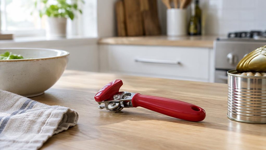 A photograph of a horizontally composed, 16:9 landscape scene featuring a single red universal can opener resting on a pale oak kitchen counter, heroed in a clean, modern home kitchen with matte white cabinetry and brushed steel accents. The tool is placed naturally beside a ceramic bowl, a linen dish towel, and a partially opened tin, suggesting a real everyday setting rather than a staged demo. The can opener’s glossy red handle and compact metal mechanism are sharply detai
