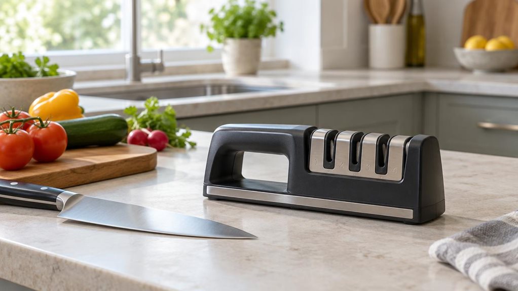A photograph of a single compact, four-stage kitchen knife sharpener resting on a pale stone countertop in a bright, modern home kitchen. The sharpener has a sturdy dark base, subtle metallic accents, and clearly visible sharpening slots, with no logos or text. A chef’s knife and a few casually arranged vegetables sit nearby, suggesting everyday use without showing anyone sharpening a blade. The scene feels candid and observational, as though captured during a quiet moment in