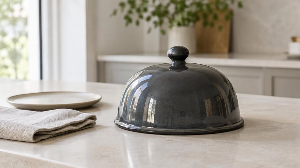 A photograph of a single elegant porcelain cloche resting on a pale stone kitchen island, composed as a horizontal 16:9 landscape scene. Its smooth, sculptural dome and small rounded handle are finished in a deep charcoal glaze, with subtle reflections that reveal the realistic ceramic texture. The cloche sits naturally beside a folded linen napkin and a simple plate, in a calm, modern home kitchen; no food or other products compete for attention. Soft daylight falls from a n