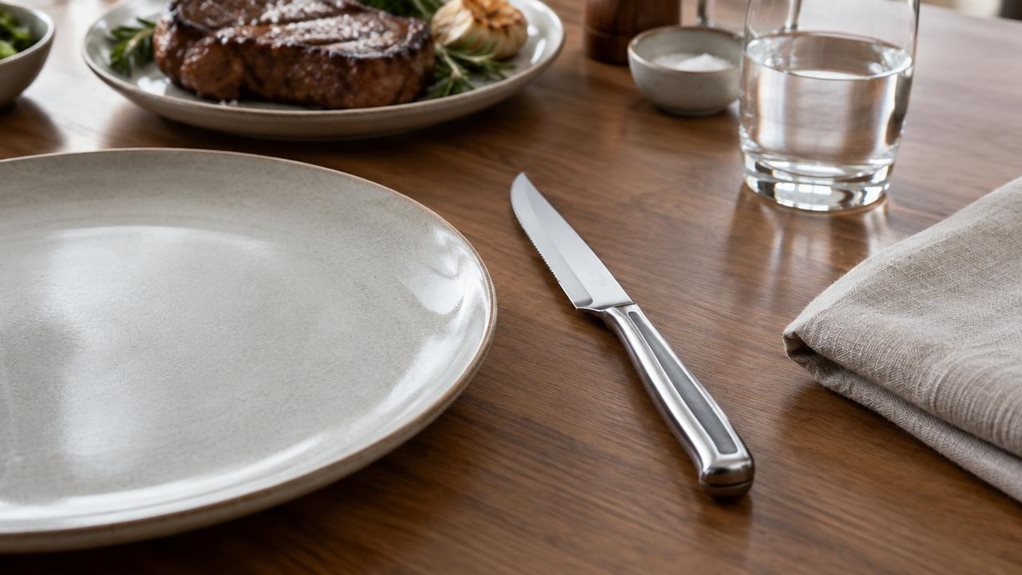 A photograph of a single steak knife from a steak knife set resting beside a ceramic dinner plate on a neatly set dining table, composed as a horizontal 16:9 landscape scene. The knife is the clear hero, its polished stainless-steel blade and subtly sculpted handle catching the soft window light. A folded linen napkin and a simple glass sit nearby, with a cooked steak and understated tableware softly visible in the background, suggesting a relaxed meal without showing anyone 