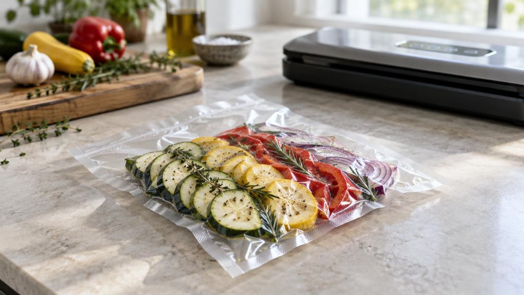 A photograph of a single clear vacuum-sealer bag resting on a pale stone kitchen counter, filled with neatly arranged sliced vegetables and herbs. Its subtle embossed texture catches the light, making the bag’s sealed edges and fine surface pattern visible without any branding or text. A compact vacuum sealer sits softly out of focus nearby, with a wooden cutting board and a few fresh ingredients lending the scene a natural, lived-in feel. The horizontally composed 16:9 lands